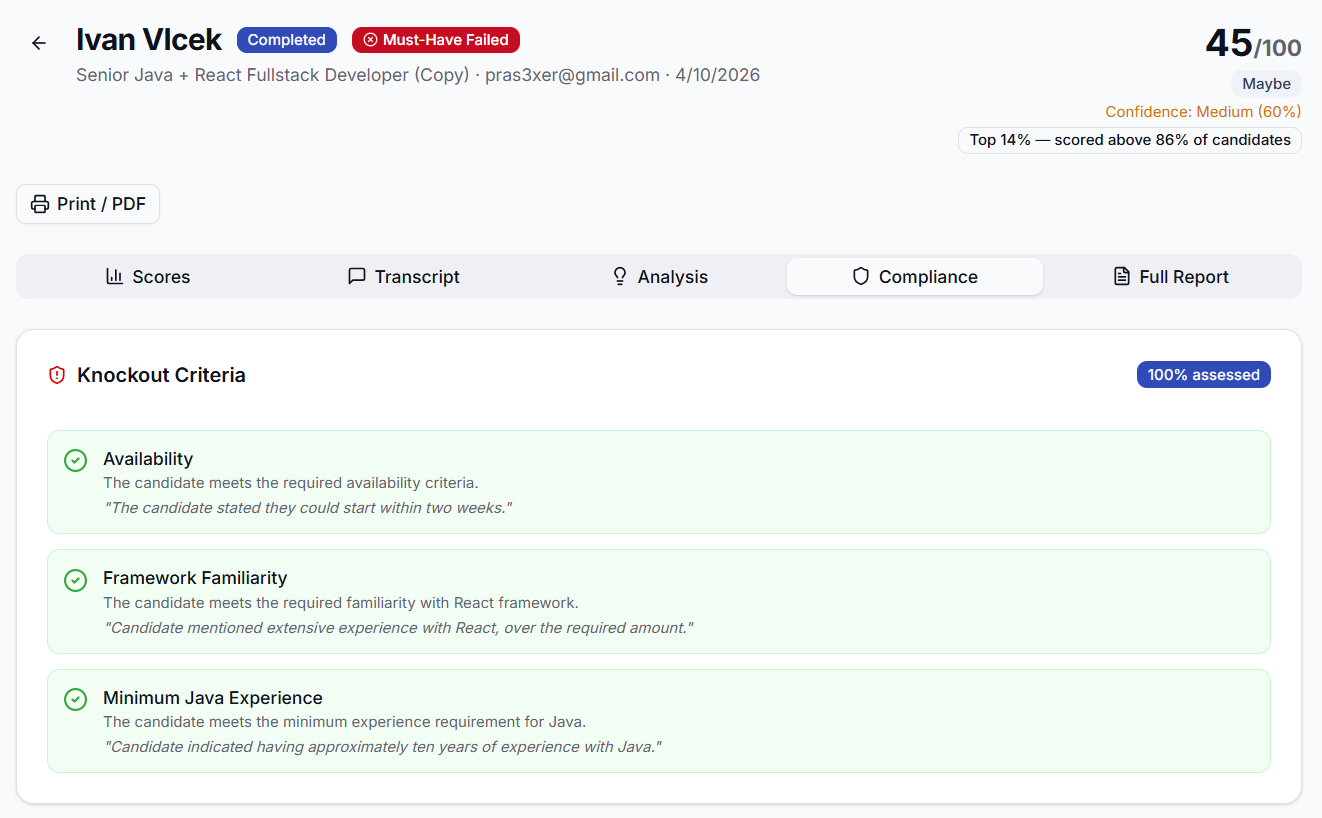 Compliance — knockout criteria assessment with evidence