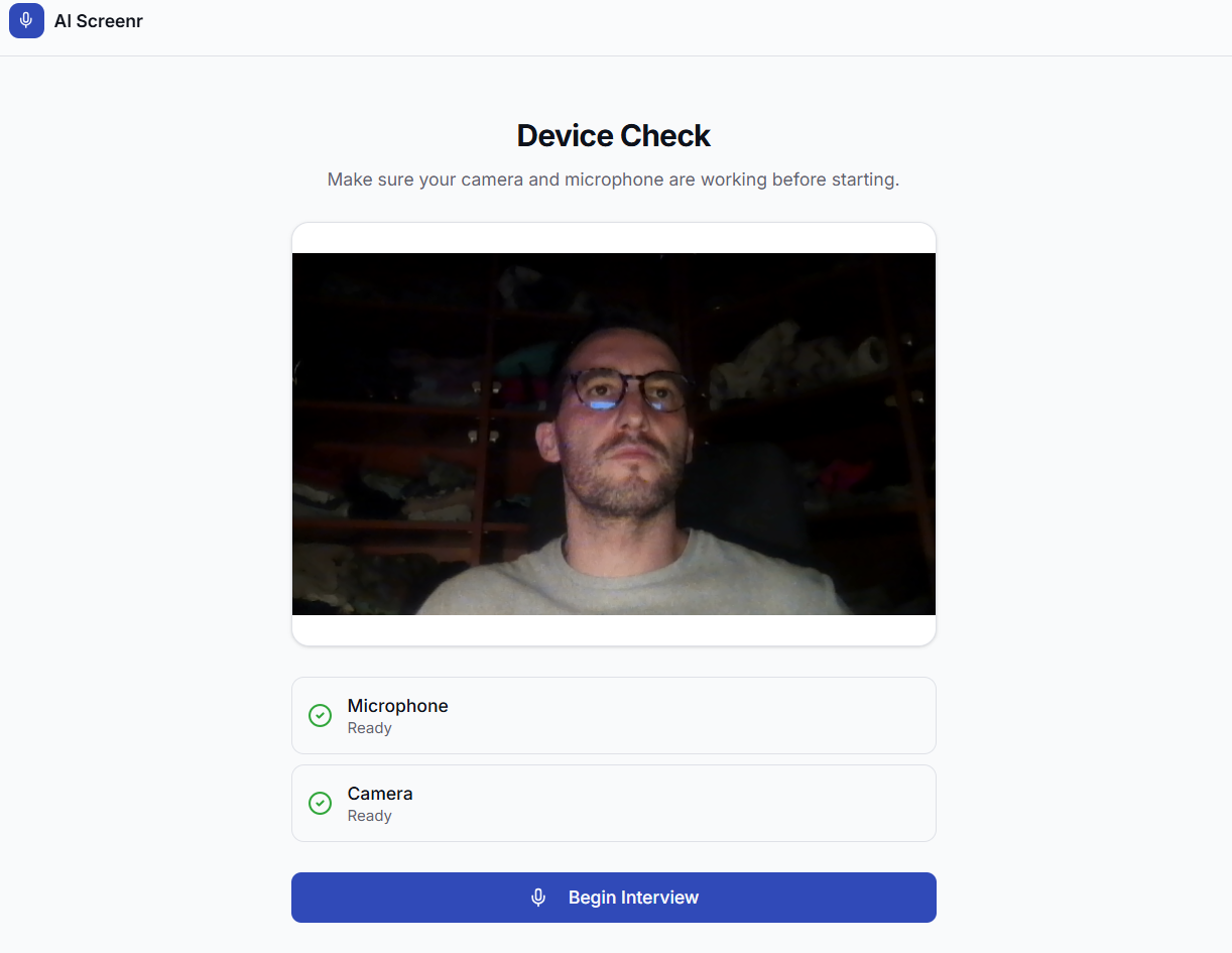 Device Check — candidate verifies camera and microphone