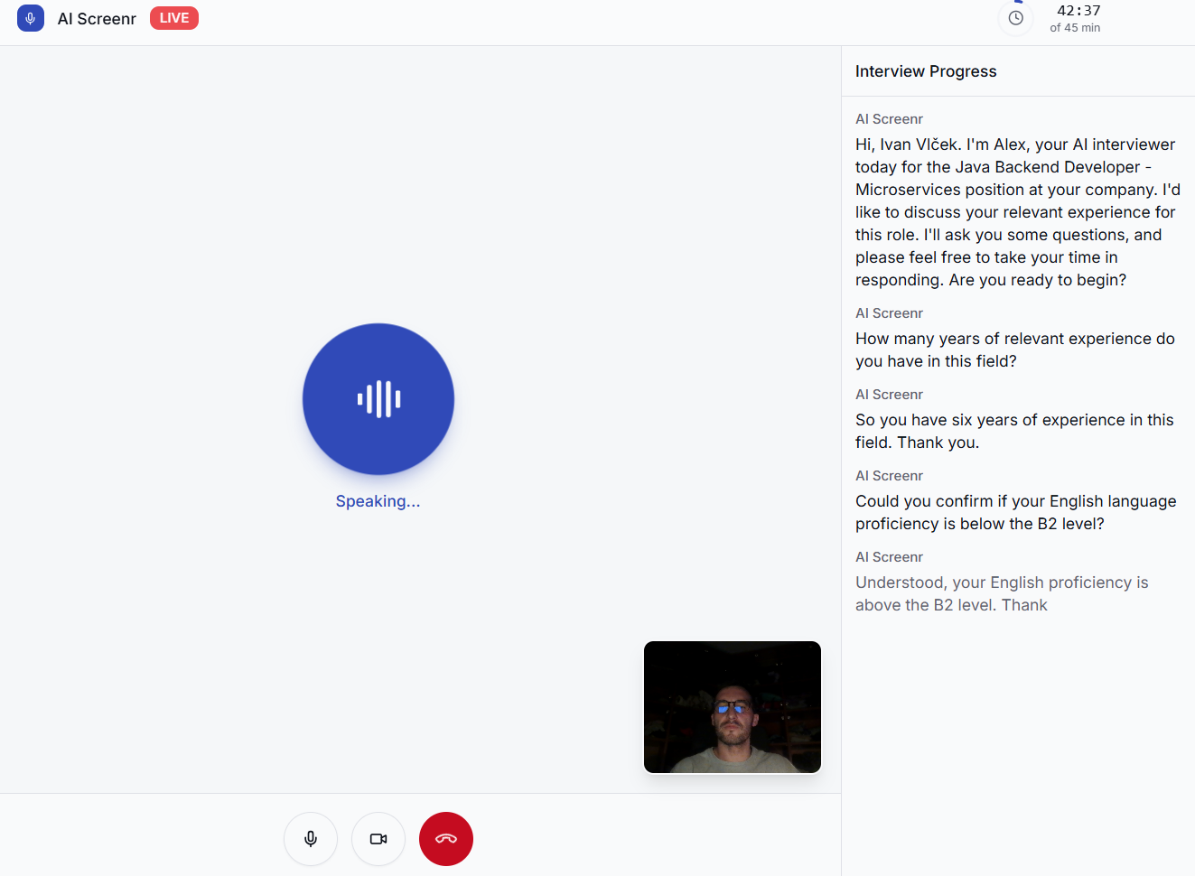 Live Interview — AI conducts structured voice conversation